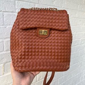 Chain strap woven mini backpack brown tan gold